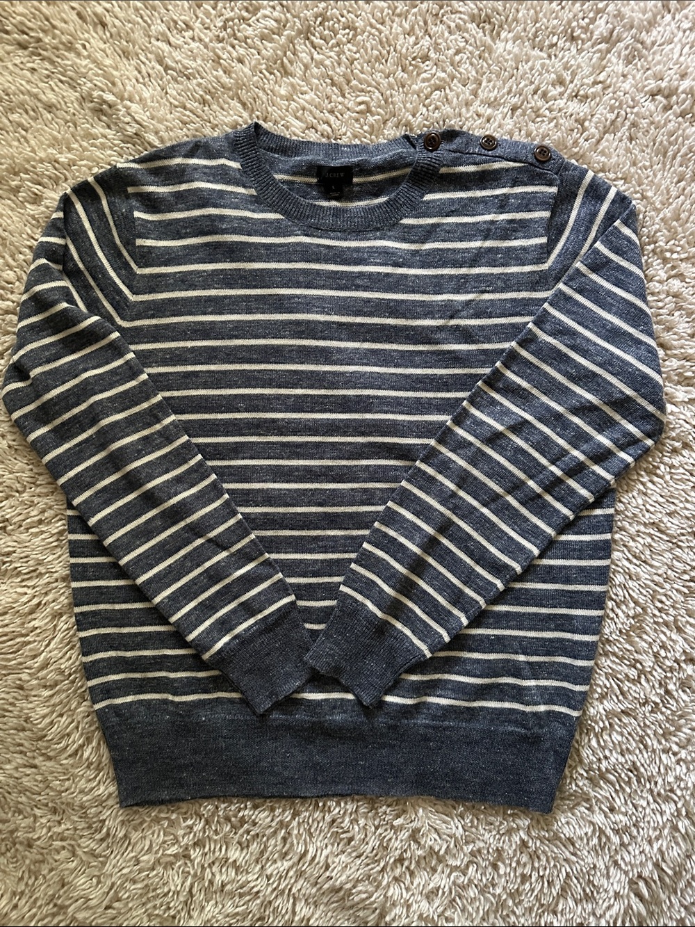 J. Crew Navy and White Striped Crewneck Sweater with Shoulder Buttons